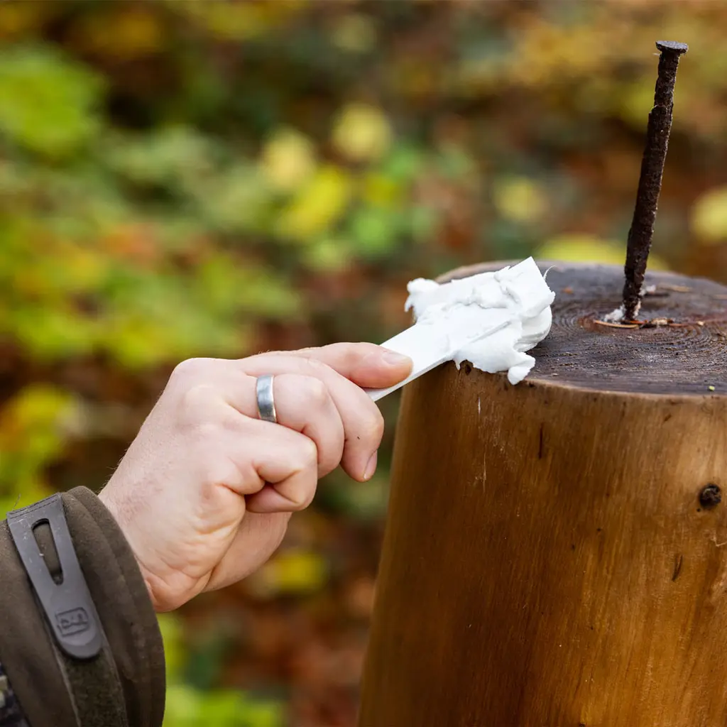 Nahaufnahme der Deusa Salzpaste Trüffel beim Auftragen auf einen Baumstumpf