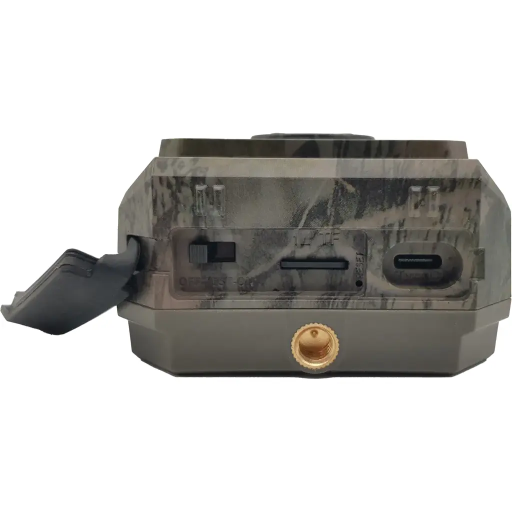 Berger & Schröter Wildkamera Mini 48 MP mit Solarpanel Unteransicht mit microSD-Slot, USB-C-Anschluss und Stativgewinde