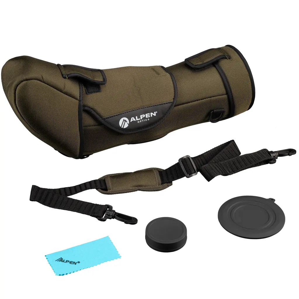 Zubehör des ALPEN OPTICS Apex 20-60x80 Spektivs mit Nylontasche, Trageriemen, Schutzdeckeln und Reinigungstuch
