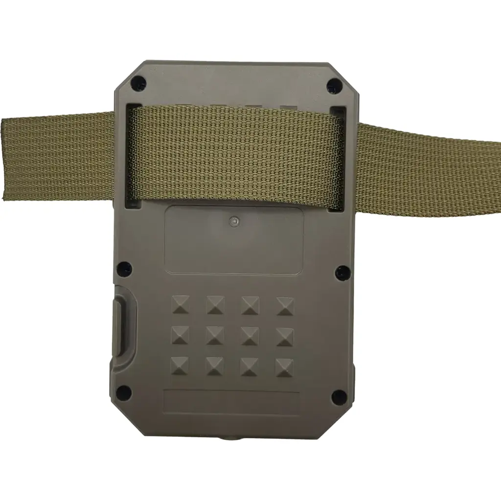 Berger & Schröter Wildkamera Mini 48 MP mit Solarpanel Rückansicht mit Gurtband zur Baumbefestigung