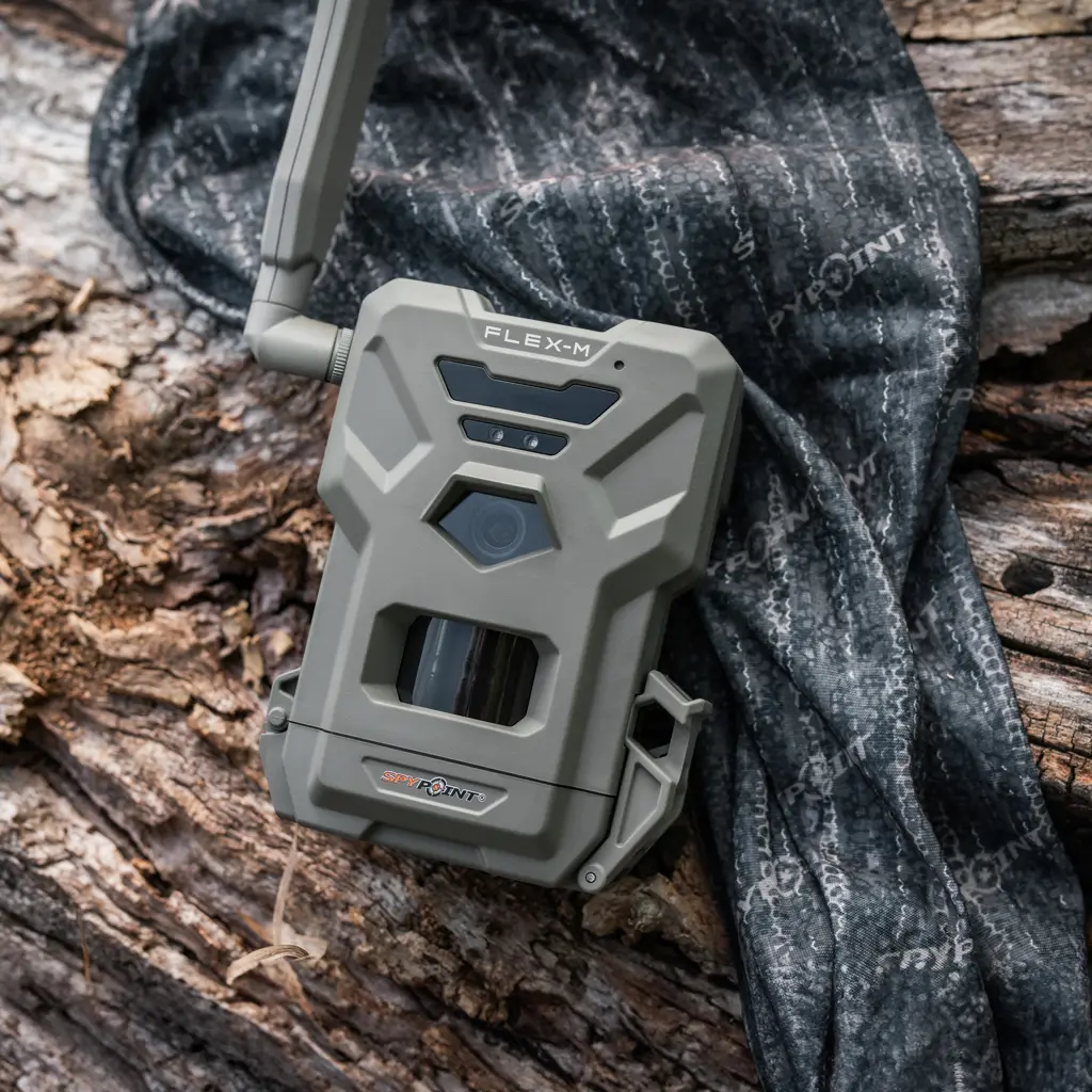 SPYPOINT FLEX-M mobile Wildkamera auf Holzstamm im Outdoor-Einsatz