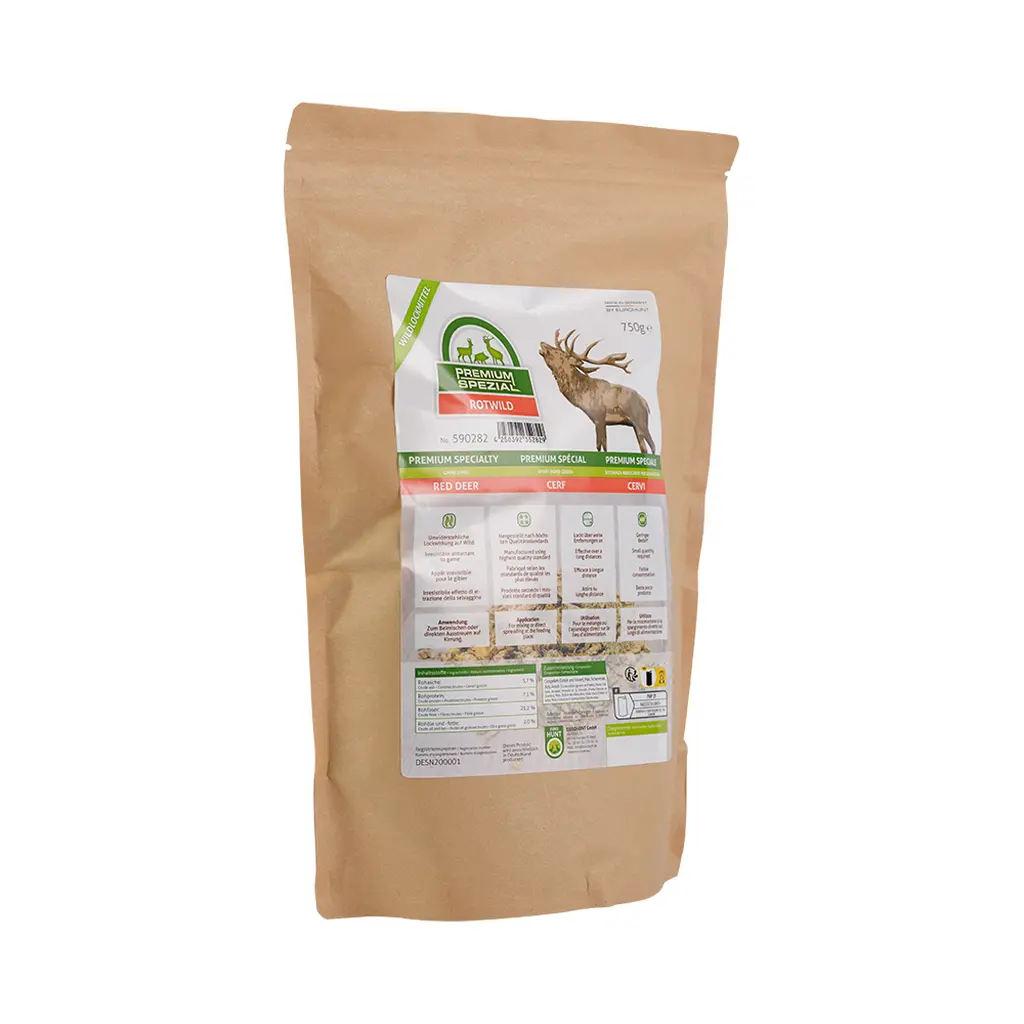 EUROHUNT Wildlockmittel PREMIUM Spezial Rotwild | Schräge Vorderansicht der 750-g-Verpackung