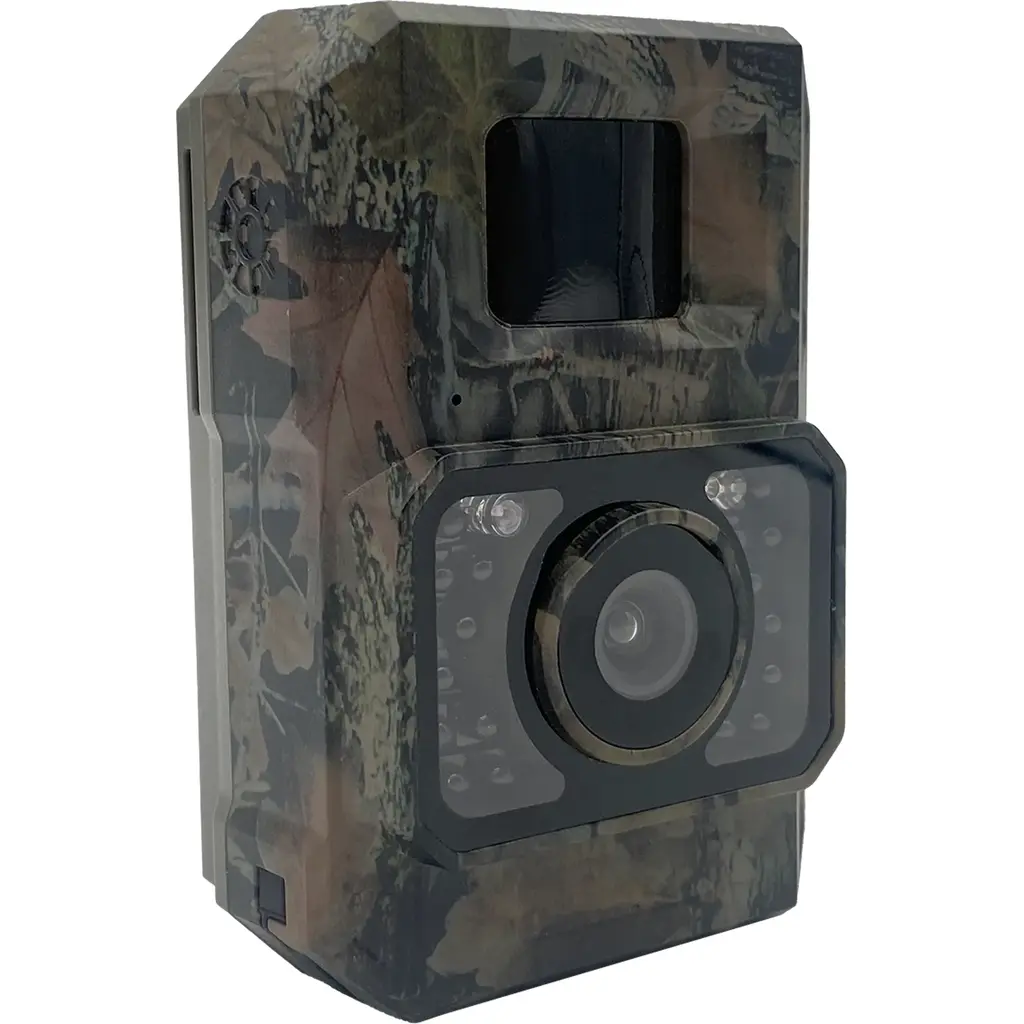 Berger & Schröter Wildkamera Mini 48 MP mit Solarpanel Seitenansicht mit Objektiv und Camouflage-Gehäuse