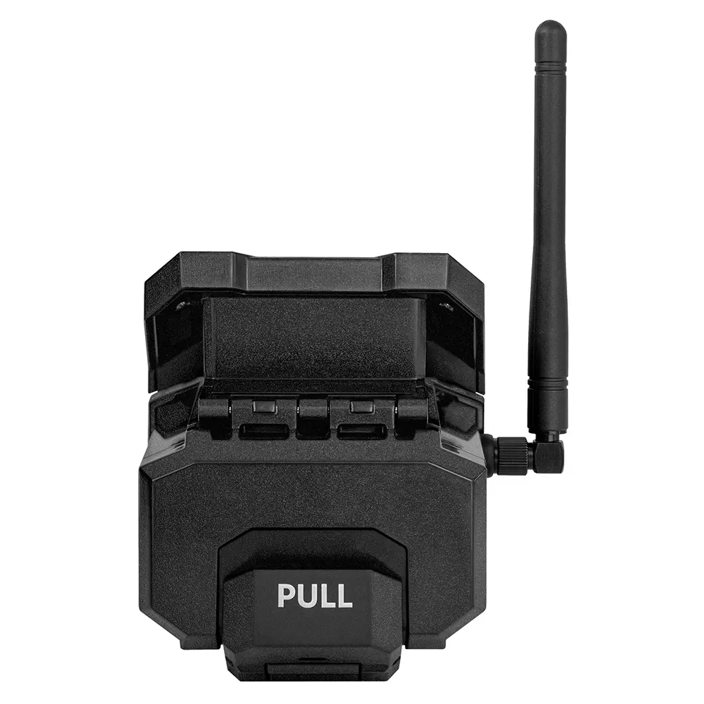 Rückseite der Vosker V150 Überwachungskamera mit Anschlüssen und Batteriefach