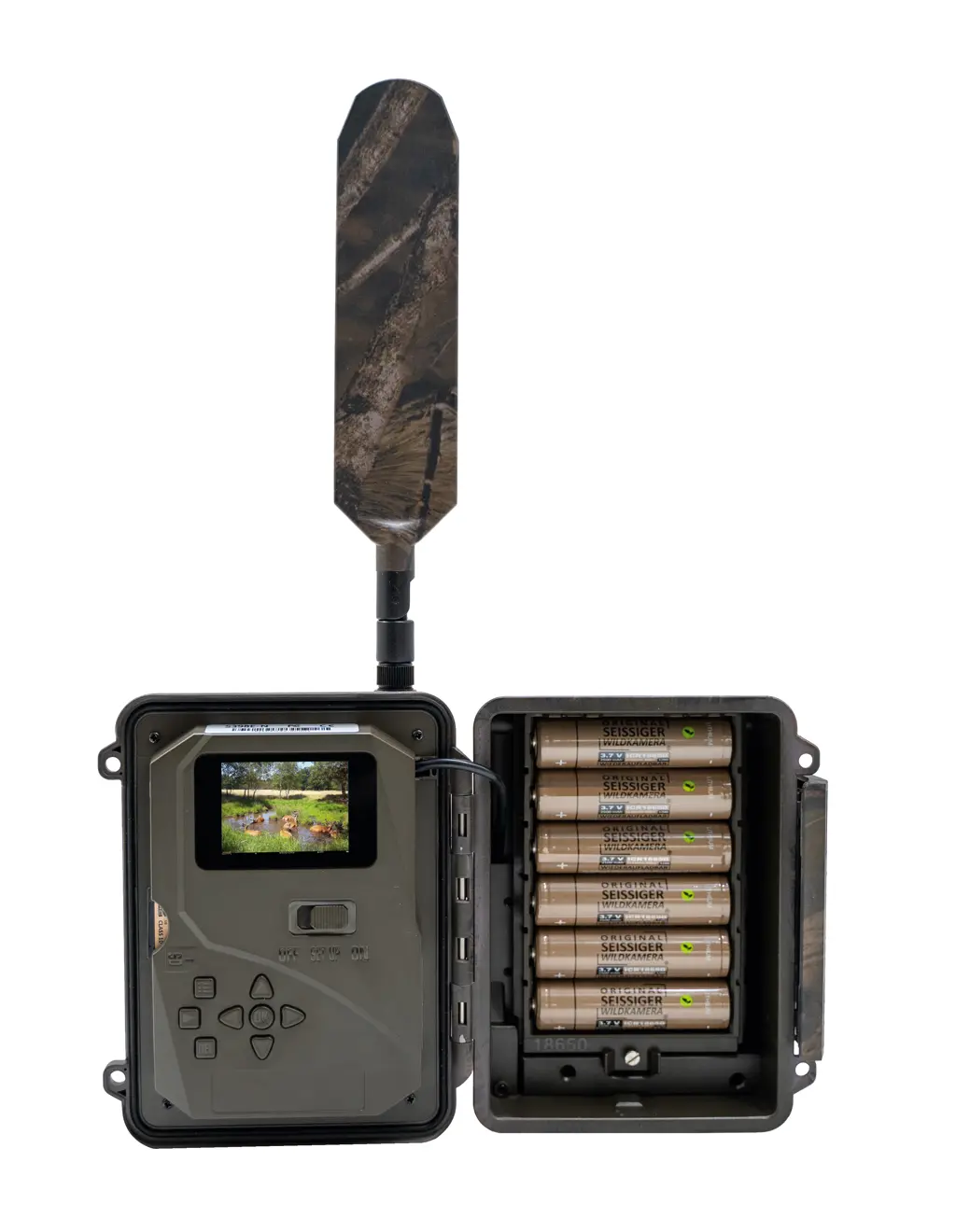 SEISSIGER Pro Cam LTE SUPERSIM Edition geoeffnet mit Display und Batteriefach
