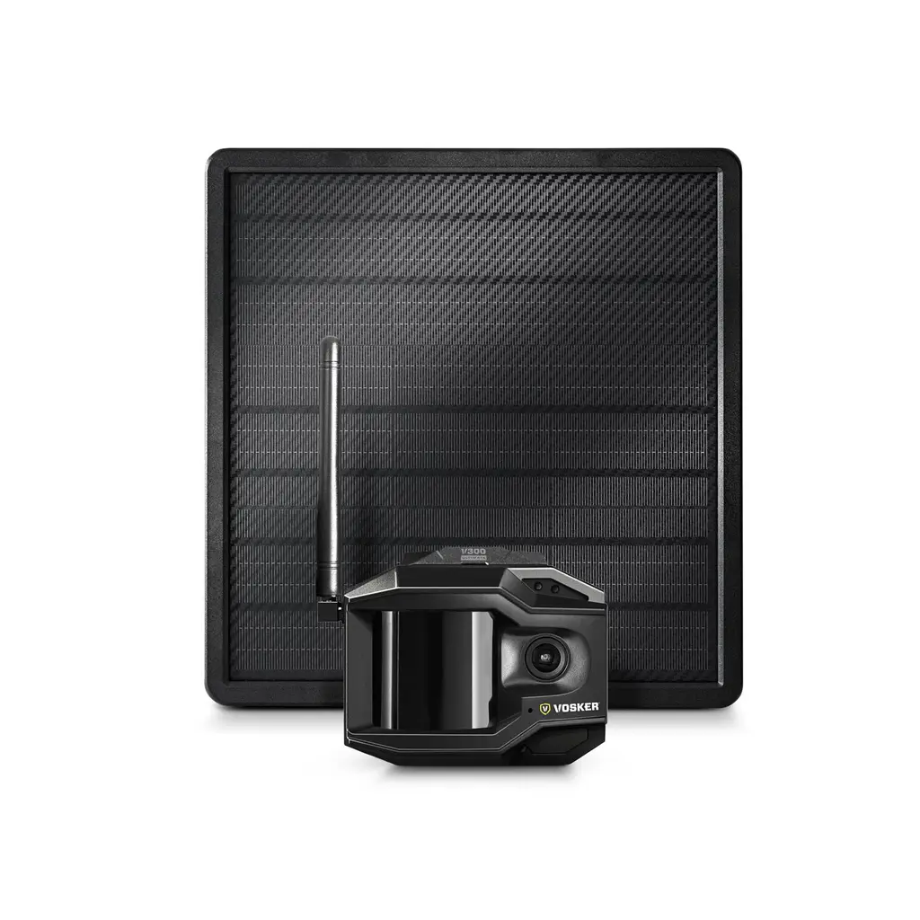 VOSKER V300 Ultimate Überwachungskamera mit Solar Power Bank in gerader Frontansicht