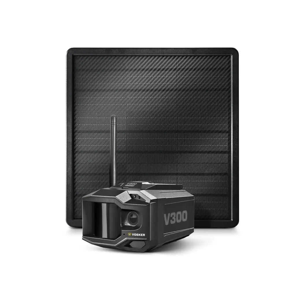VOSKER V300 Ultimate Überwachungskamera mit Solar Power Bank in seitlicher Frontansicht