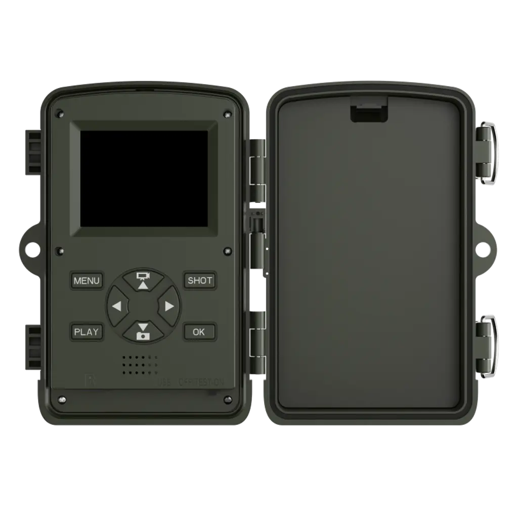 BRAUN Scouting Cam Black800 geöffnete Wildkamera mit Display und Bedientasten