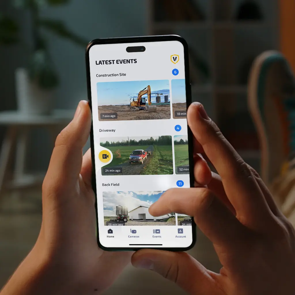 VOSKER V300 Ultimate Überwachungskamera mit App-Ansicht der letzten Ereignisse auf dem Smartphone