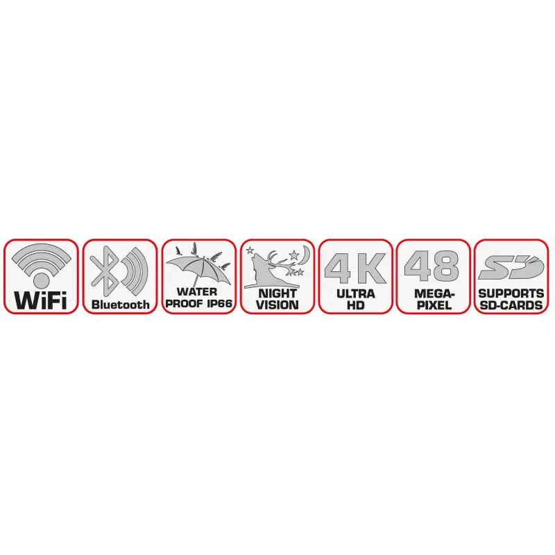 Funktionssymbole zur BRAUN Scouting Cam Black1300 WiFi mit WiFi, Bluetooth, IP66 und 4K