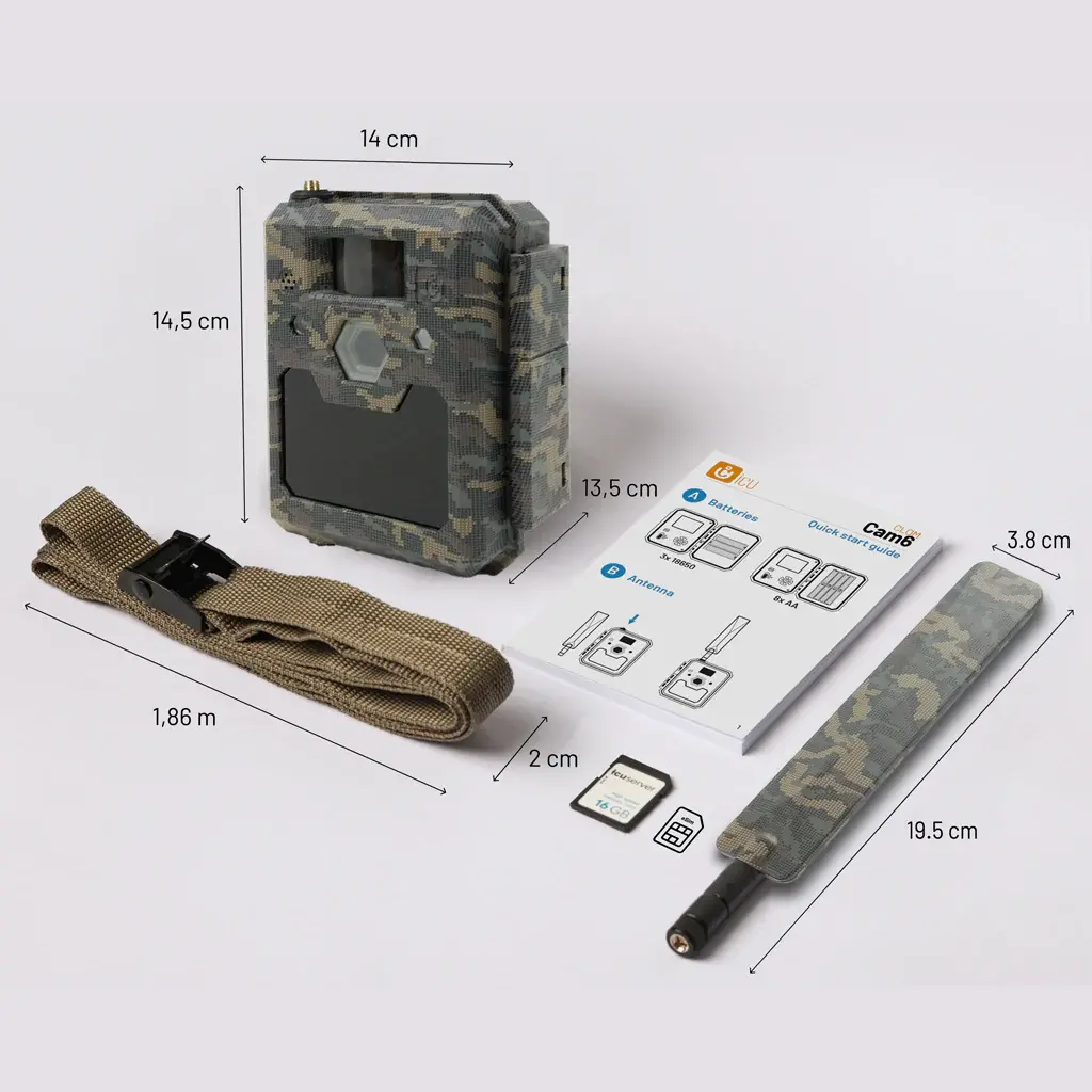 ICU CLOM Cam 6 LTE Wildkamera Lieferumfang mit Antenne, Gurt, 16 GB SD-Karte und Maßangaben