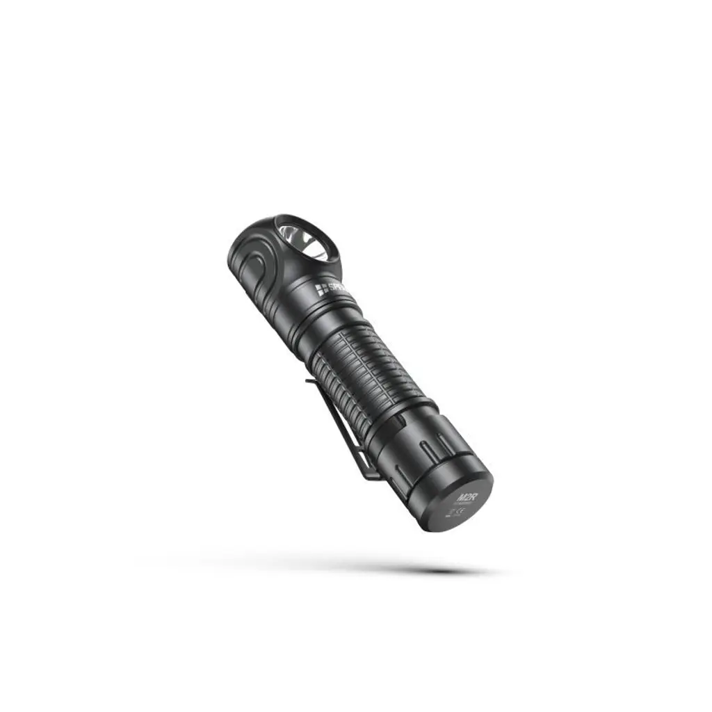 SPERAS M2R Rechtwinklige Taschenlampe mit 18650 Akku Schrägansicht mit Clip und Endkappe