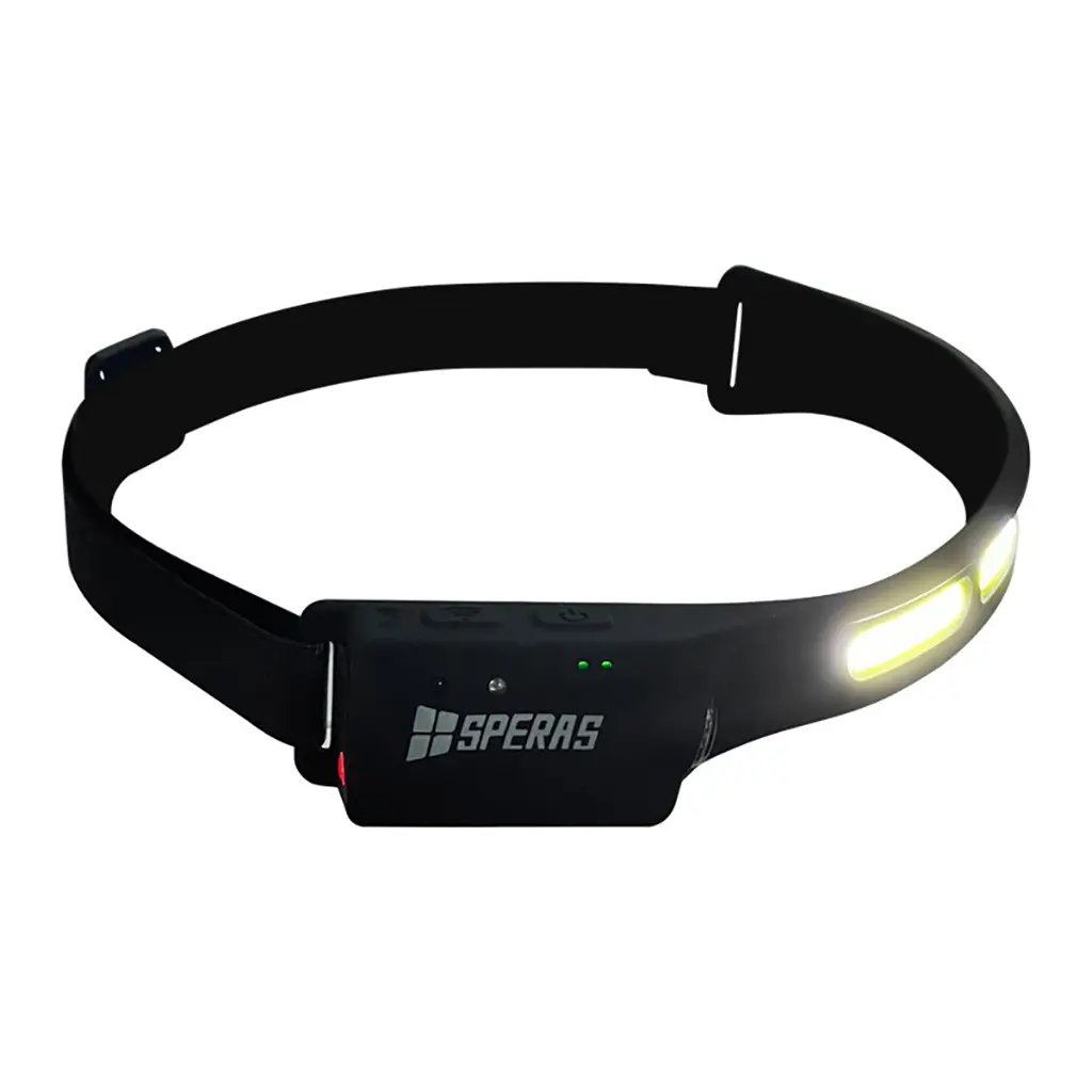 Speras B47-L1 Stirnlampe mit eingeschaltetem COB LED Lichtband und Ladeanzeige