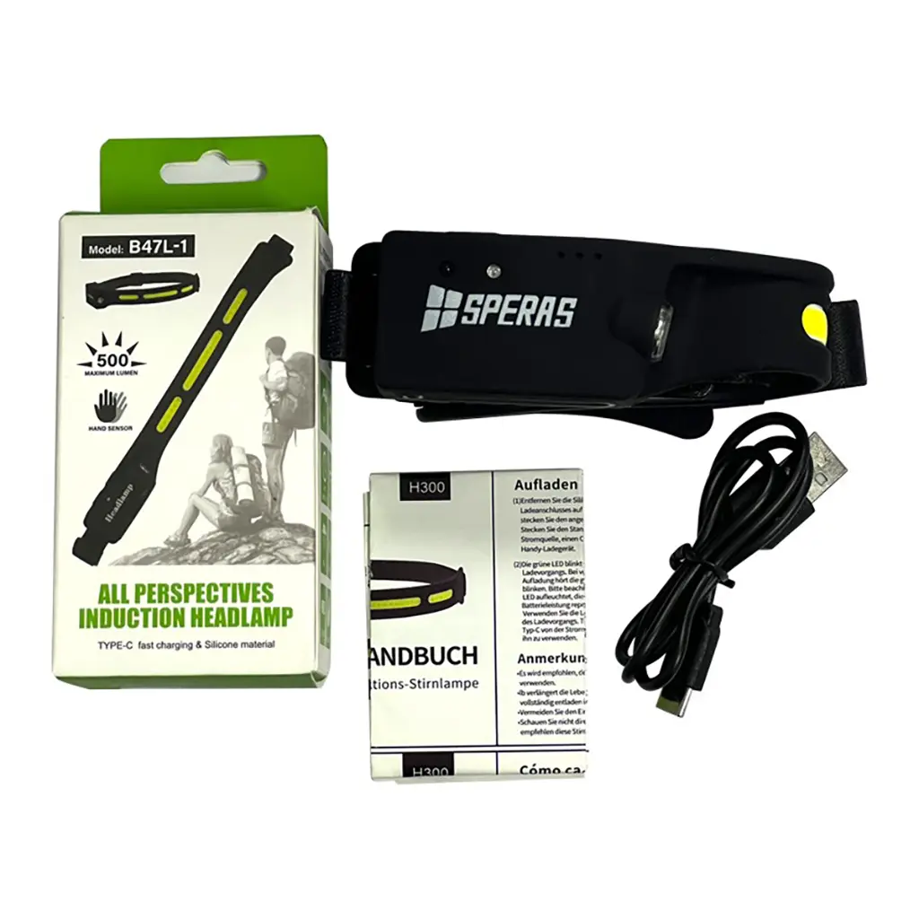 Speras B47-L1 Stirnlampe Lieferumfang mit Verpackung, USB-C Ladekabel und Bedienungsanleitung