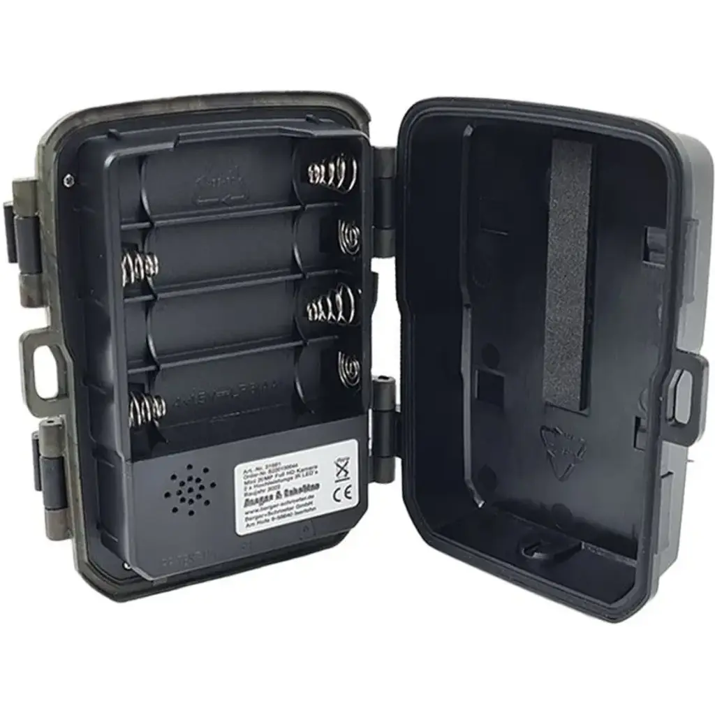 Berger & Schröter Mini 20 MP Wildkamera geöffnet mit Batteriefach für 4 AA Batterien