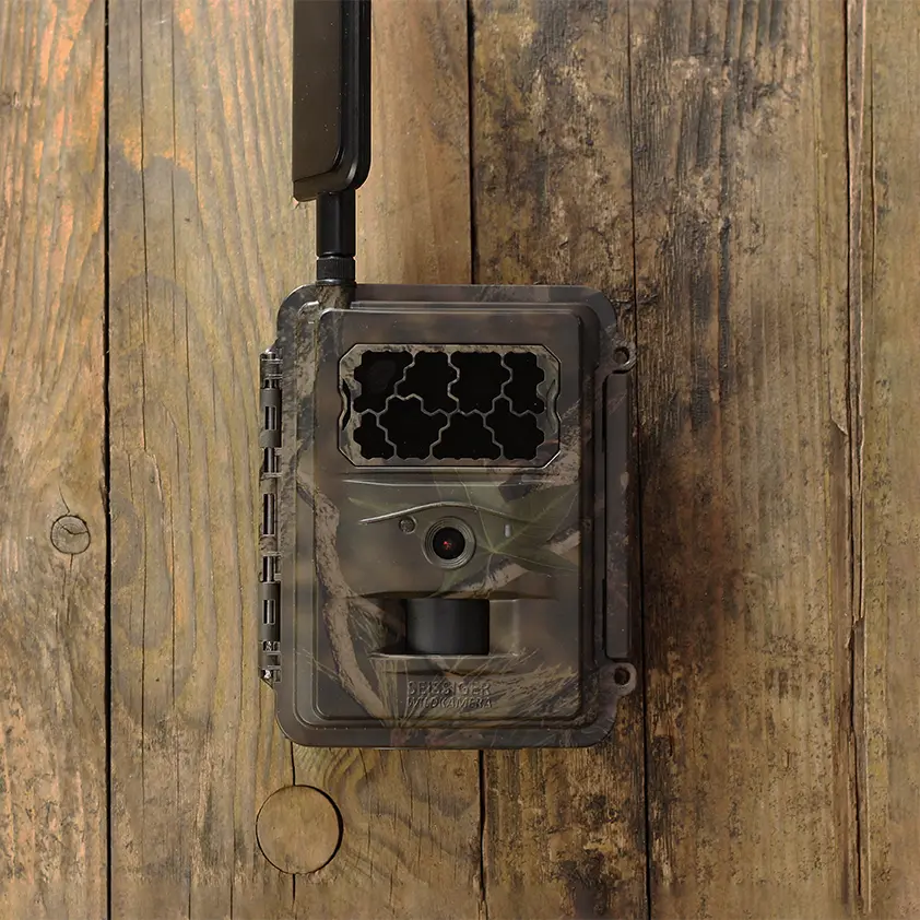 SEISSIGER Special-Cam LTE Standardversion montiert an Holzwand mit 940nm Schwarzblitz und LTE-Antenne