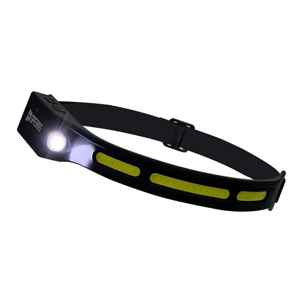 Speras B47-L1 Stirnlampe mit eingeschaltetem Spot-LED und COB Lichtband