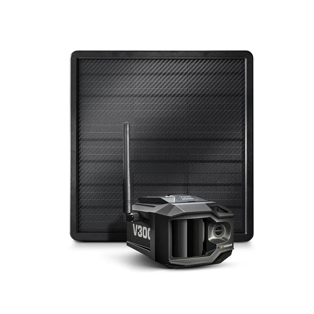 VOSKER V300 Ultimate Überwachungskamera mit Solar Power Bank und Frontansicht der Kamera