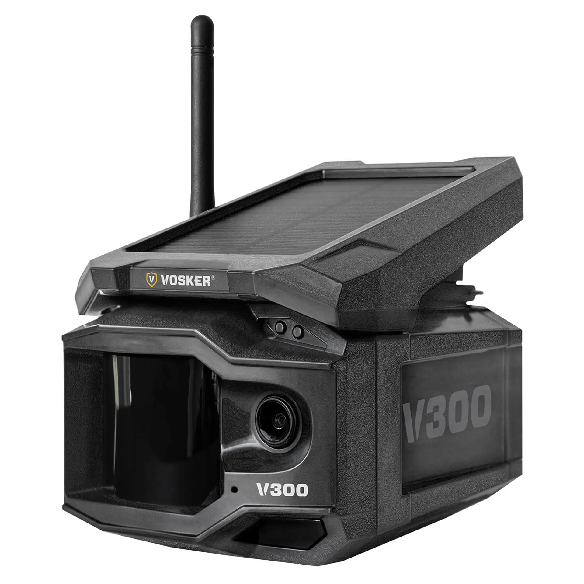 VOSKER V300 Überwachungskamera schräg von vorne mit Solarpanel, Antenne und Kameraobjektiv
