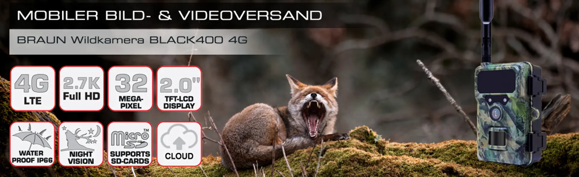 BRAUN Scouting Cam BLACK400 4G wie Nachtsicht, Cloud und SD-Karten-Support