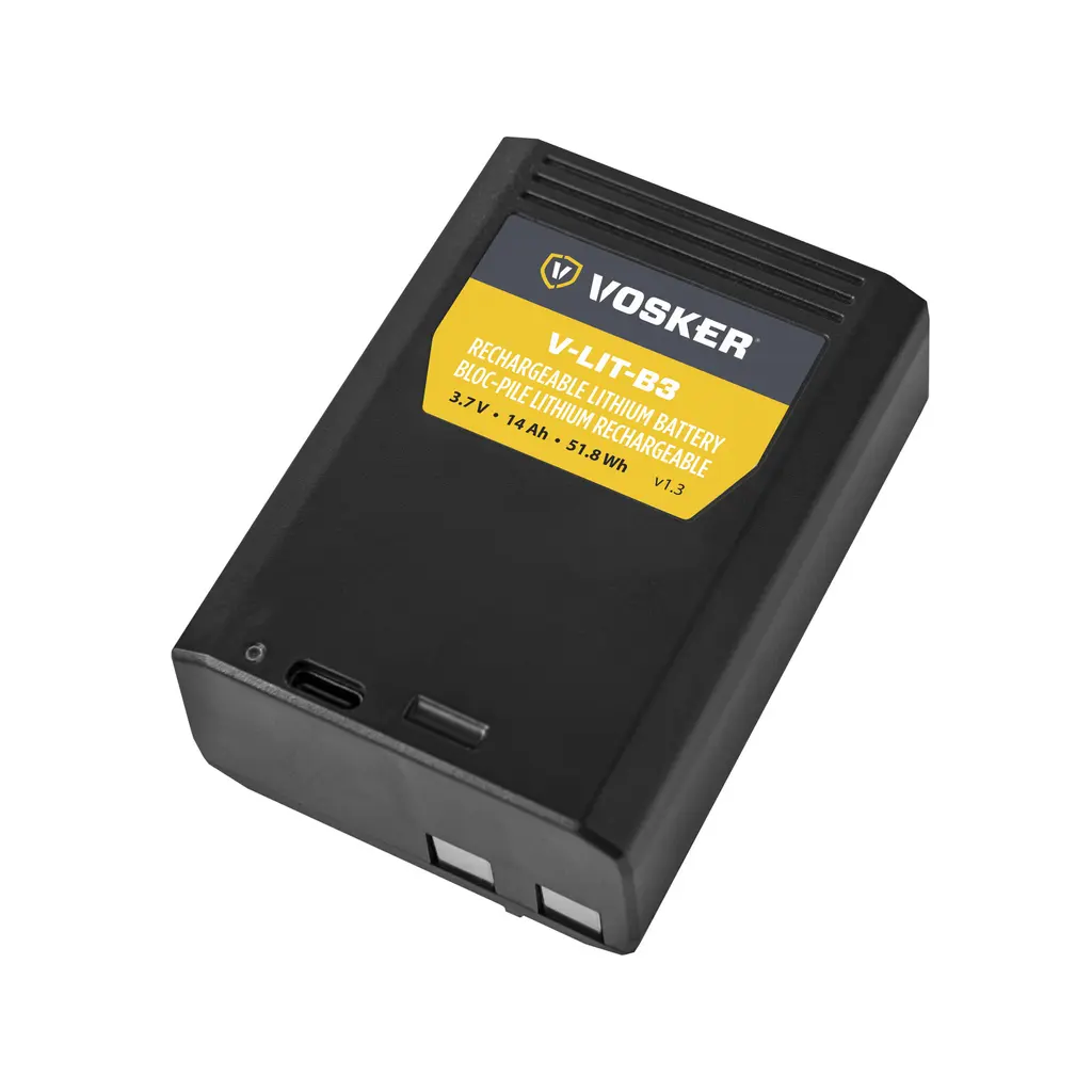 VOSKER V-LIT-B3 Lithium-Akku 14.000 mAh | Schrägansicht mit USB-C Ladeanschluss und Kontaktseite