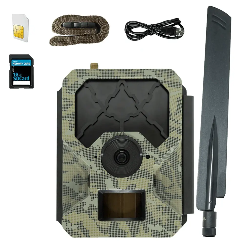 ICU CLOM Cam-S Funk Wildkamera LTE Lieferumfang mit Antenne, Gurt, USB-Kabel, SIM-Karte und 16 GB SD-Karte