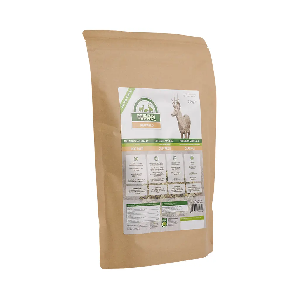 EUROHUNT Wildlockmittel PREMIUM Spezial Rehwild in der 750-g-Verpackung, schräge Seitenansicht