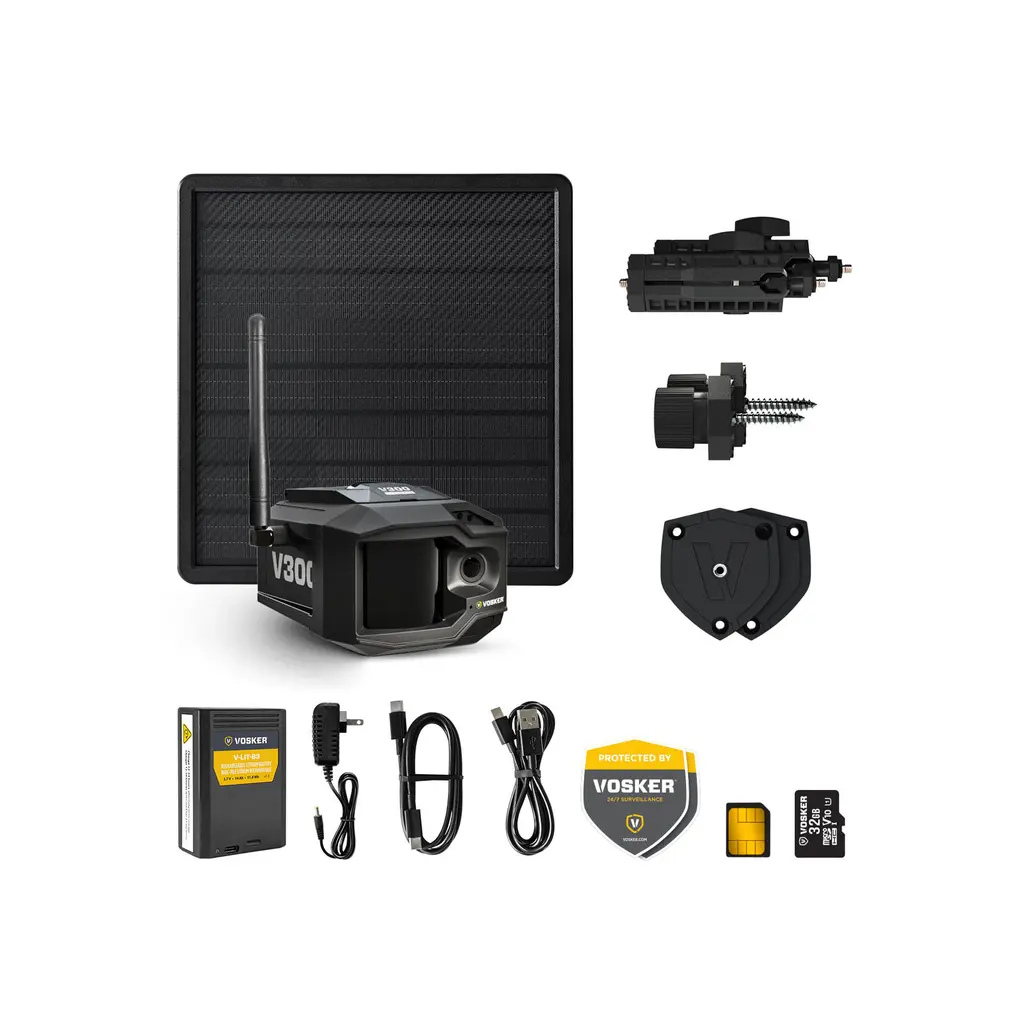 VOSKER V300 Ultimate Überwachungskamera mit Solar Power Bank und Zubehör im Lieferumfang