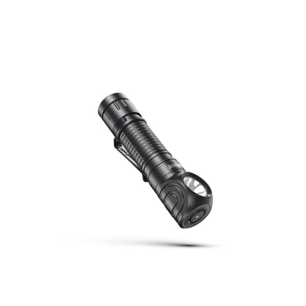 SPERAS M2R Rechtwinklige Taschenlampe mit 18650 Akku Schrägansicht des Lampenkopfes und Clips