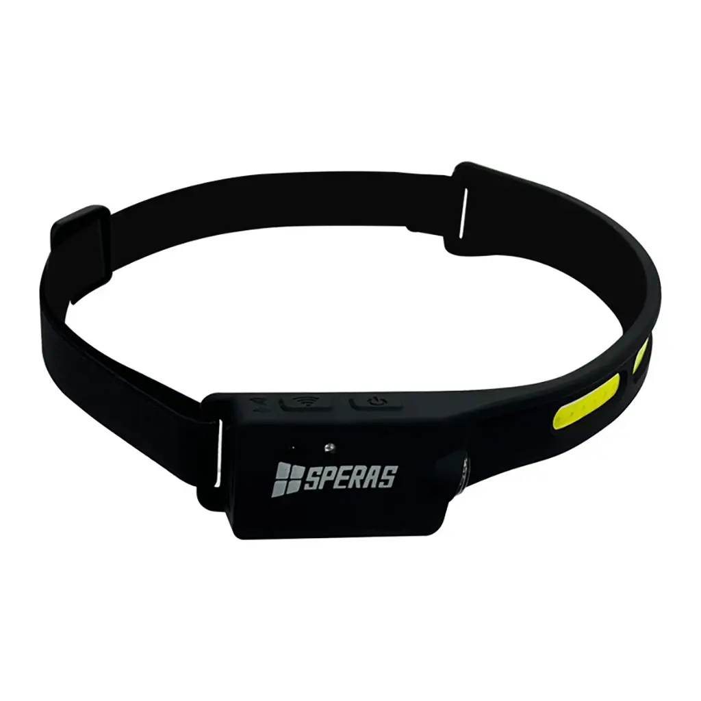 Speras B47-L1 Stirnlampe Frontansicht mit Sensorsteuerung und elastischem Stirnband