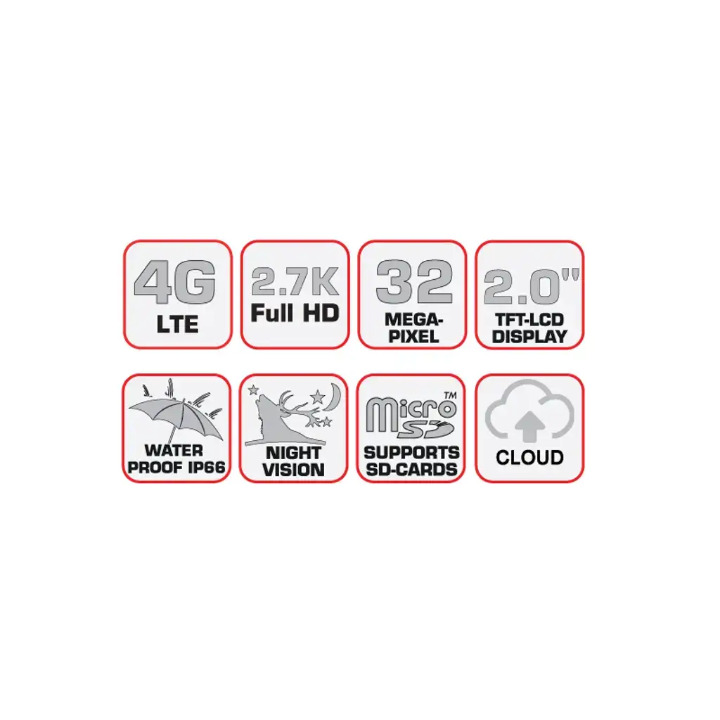 Grafische Darstellung der Hauptfunktionen der BRAUN Scouting Cam BLACK400 4G wie Nachtsicht, Cloud und SD-Karten-Support