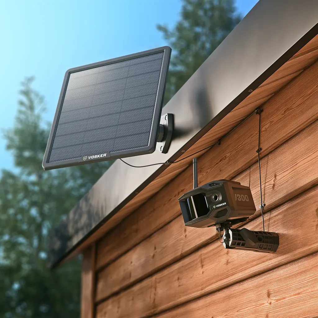 VOSKER V300 Ultimate Überwachungskamera mit montierter Solar Power Bank an einem Gebäude