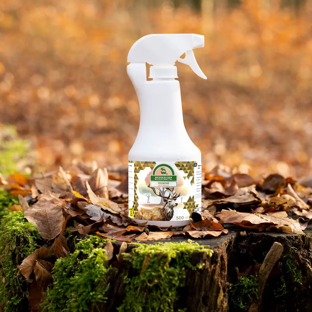 Rotwildlockmittel (500 ml) in der Sprühflasche im herbstlichen Wald