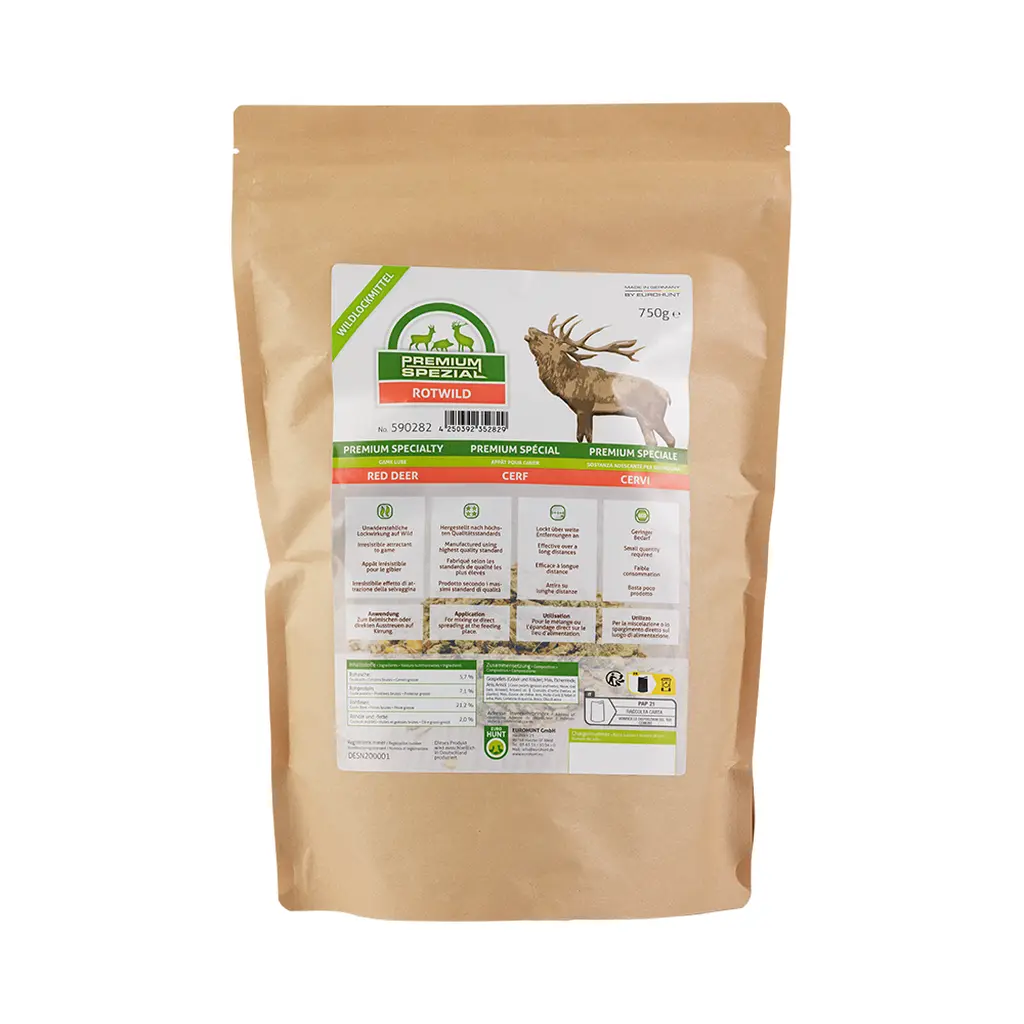 EUROHUNT Wildlockmittel PREMIUM Spezial Rotwild | Vorderansicht der 750-g-Verpackung