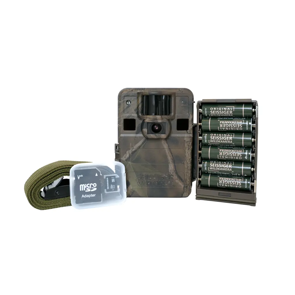SEISSIGER Wildkamera Mini-Cam Lieferumfang mit Batterien, microSD-Karte und Baumgurt