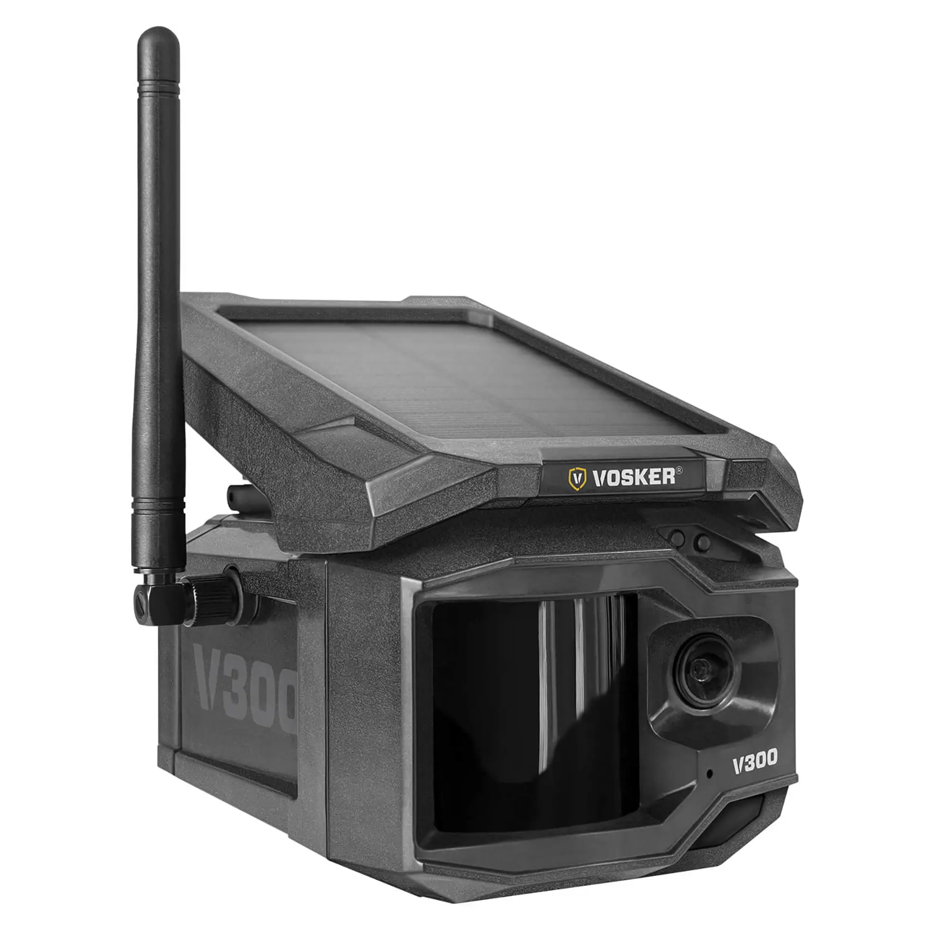 VOSKER V300 Überwachungskamera schräg von vorne mit Solarpanel und Antenne