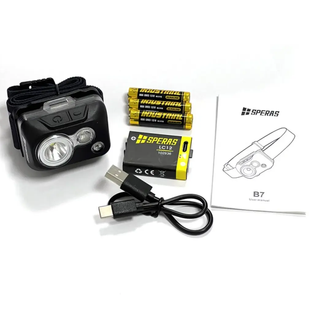 SPERAS B7(B) Stirnlampe mit Lieferumfang aus Lampe, Akku, USB-C-Kabel, AAA-Batterien und Anleitung