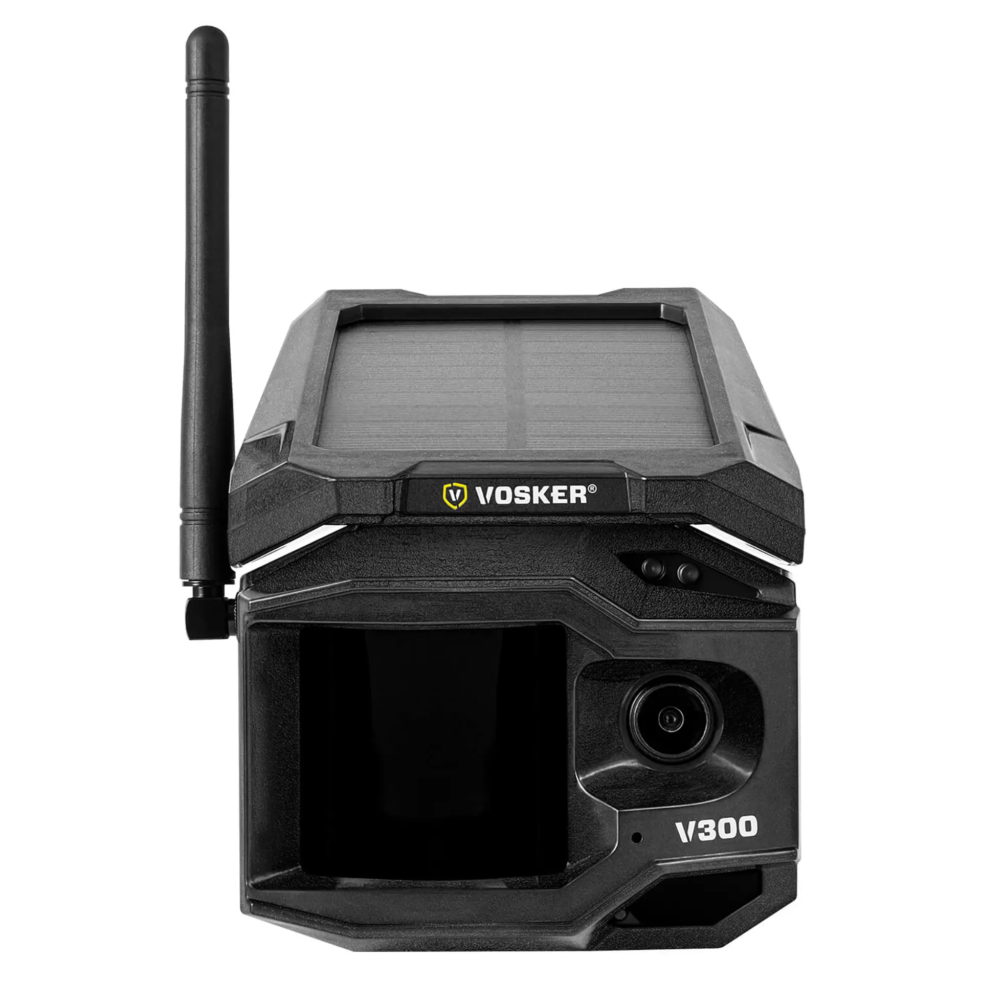 VOSKER V300 Überwachungskamera Frontansicht mit Solarpanel, Antenne und Kameraobjektiv