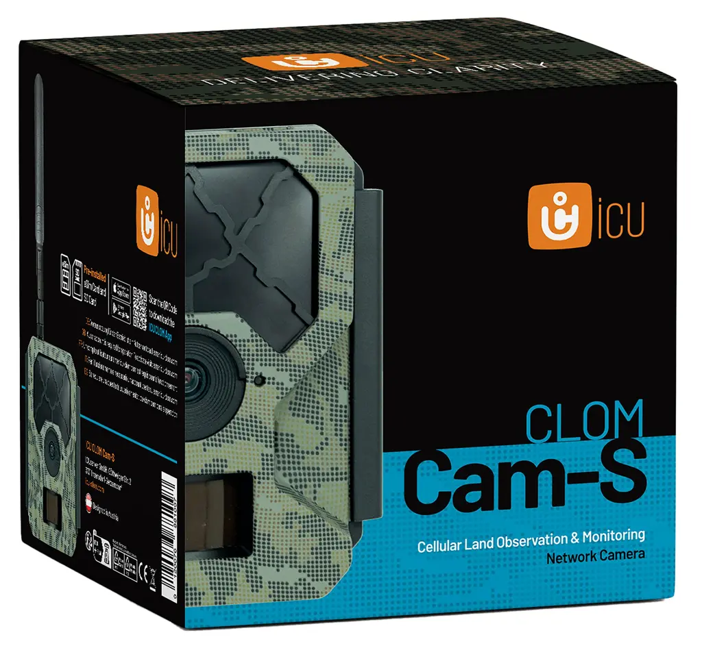 ICU CLOM Cam-S Funk Wildkamera LTE Produktverpackung mit Kameraabbildung